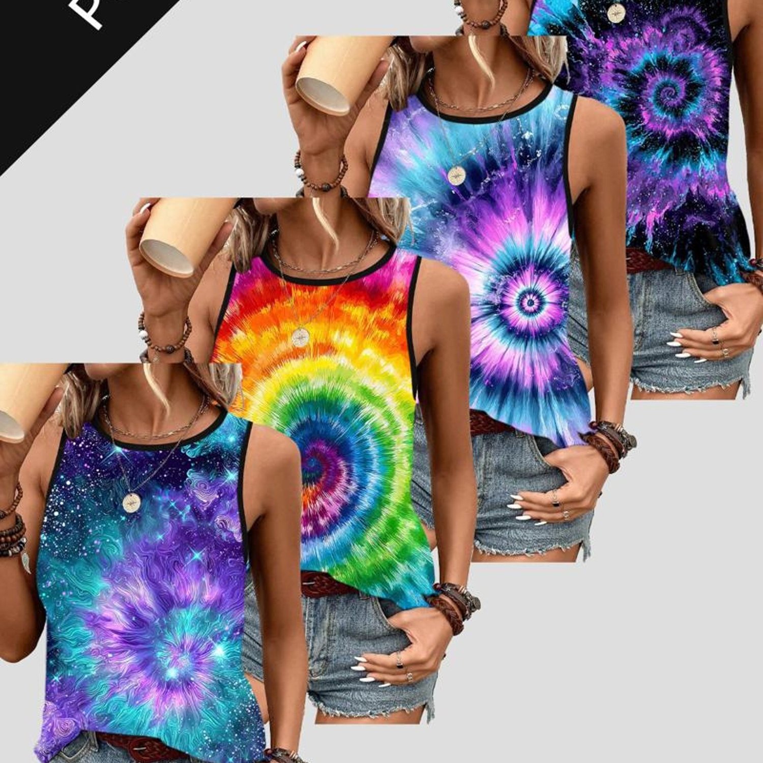 TEMU Women's Tops 4pcs Set, Colorful Tie-dye/spiral Patterns, Material, Multiple Sizes Available, Daily Wear With Denim Shorts, Stylish Accessory