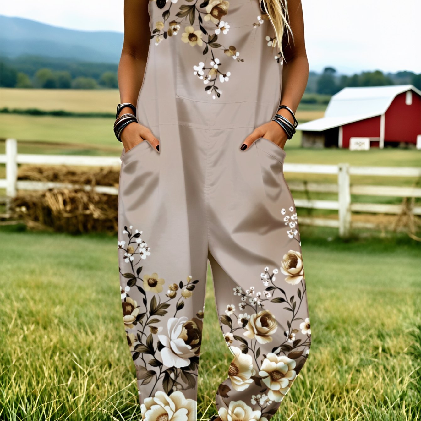 TEMU Women' Size Overall Jumpsuit, Size S-2xl Floral Pattern Print Loose-fitting Overalls Personalized Print Suitable For Spring, Summer And Autumn