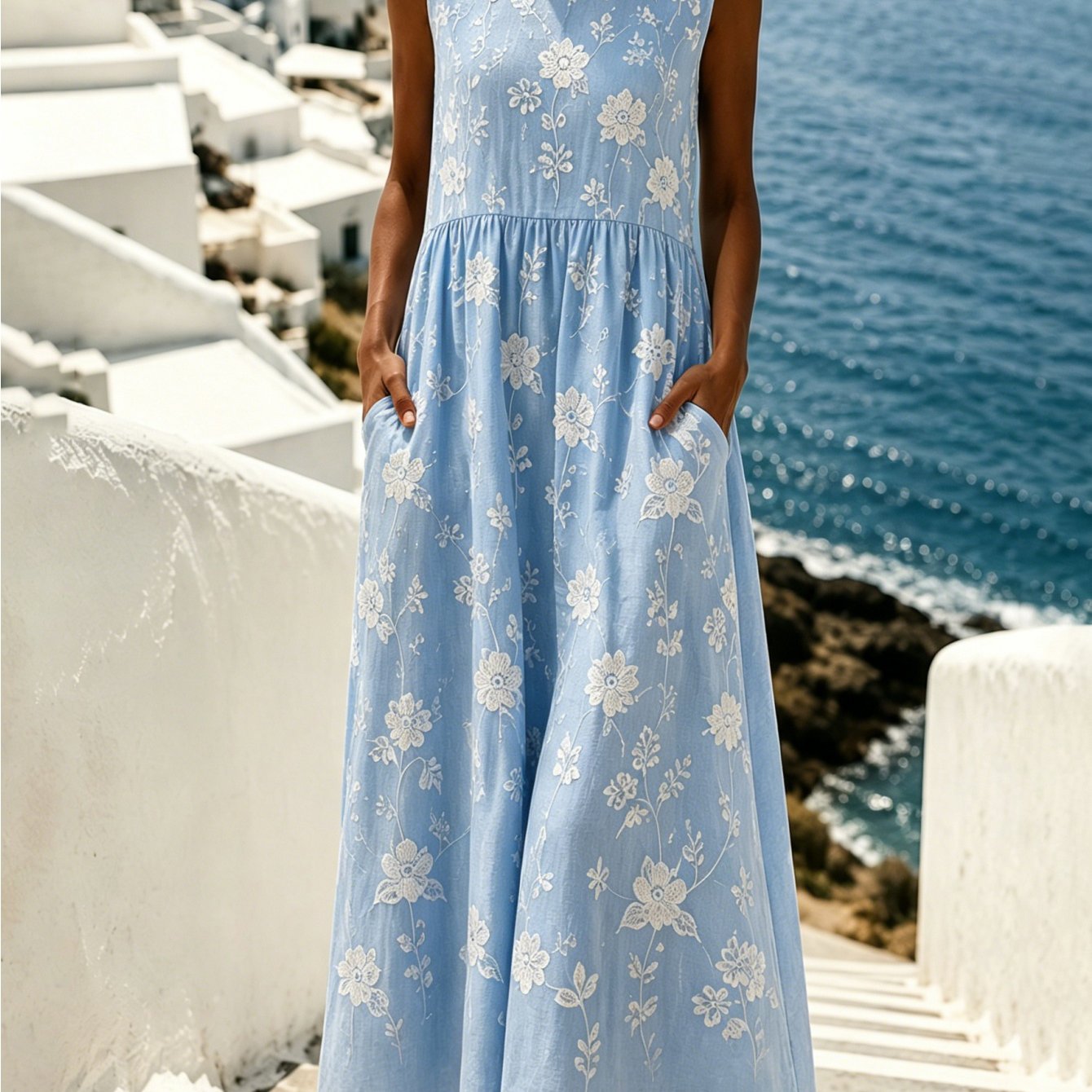 Image of Plus Size - European Plus Size Light Blue All Floral Sleeveless Long Dress, Loose Flowy Tiered Pocket Midi Dress, Elegant Summer Beach Holiday Curvy Dress