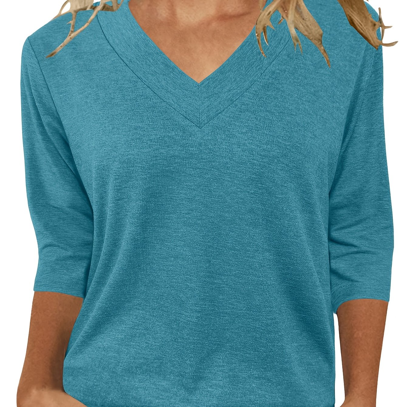TEMU Women's 3/4 Sleeve Top, Fashionable Ladies Casual Shirt, Comfortable Breathable V-neck 3/4 Sleeve T-shirt