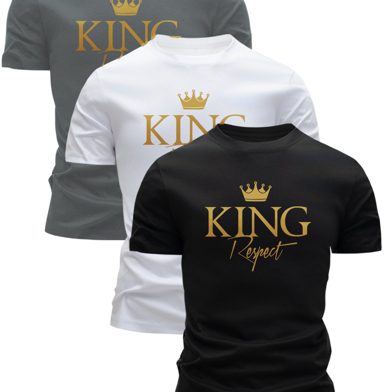 TEMU 3pcs Men's T-shirts, Summer Short Sleeve Slim Fit Round Neck Tops, Trendy Fashion Casual Versatile Daily , King Letter Print Showcasing