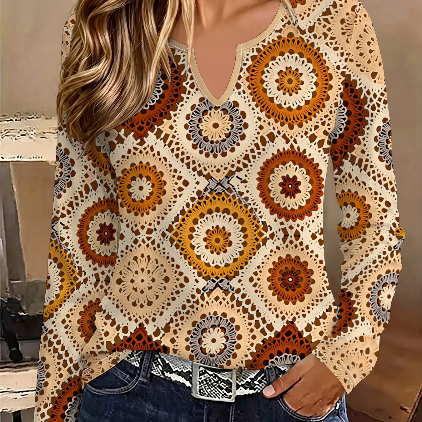 TEMU Women's Printed V-neck Long Sleeve T-shirt Top