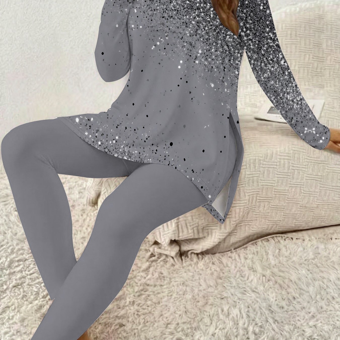 TEMU Fashionable Casual Women's Clothing Set: -shaped Digital Printed Round-neck Long-sleeved T-shirt With 2 Flanks-slit Top With Long Pants. Spring,