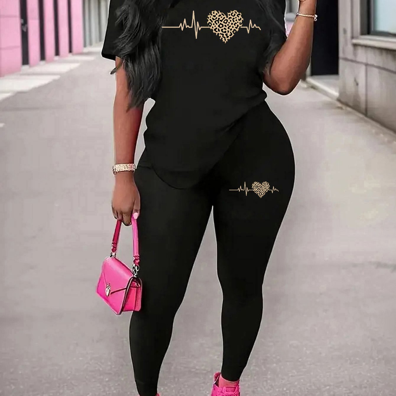 TEMU Women's Casual 2pcs Set, Fashion Print Neck Short Sleeve And Long Pants Sportswear Outfit