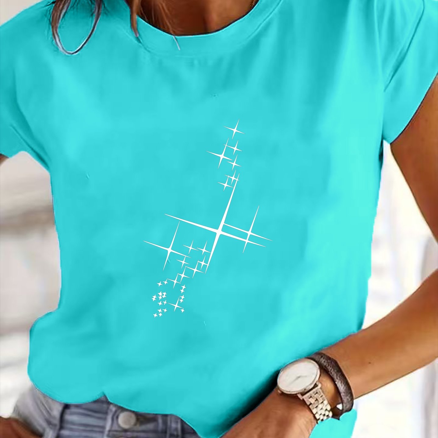 TEMU Women's Elegant Short-sleeve T-shirt - Round Neck Blouse-compatible Top Suitable For Travel, Beach & Commuting | Machine Washable Spring/summer