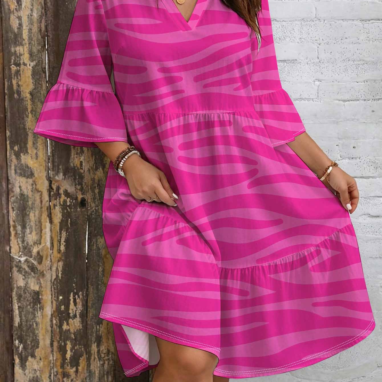 Image of Plus Size, Plus Size Zebra Striped Print Dress For Women. Vnotch Neck. Bell Sleeves. Layered Skirt. Loose Fit Colorful Elegant Chic Streetwear Beachy Dress. Perfect Trendy Style.