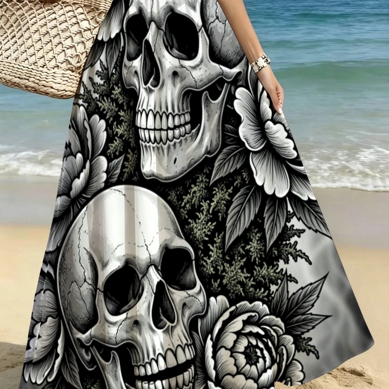 TEMU Lianyaoshi [printed Design Not Textured] Women's Skull And Floral Print Maxi Skirt, Black And White, Lightweight For Beach, Vacation, Or Casual