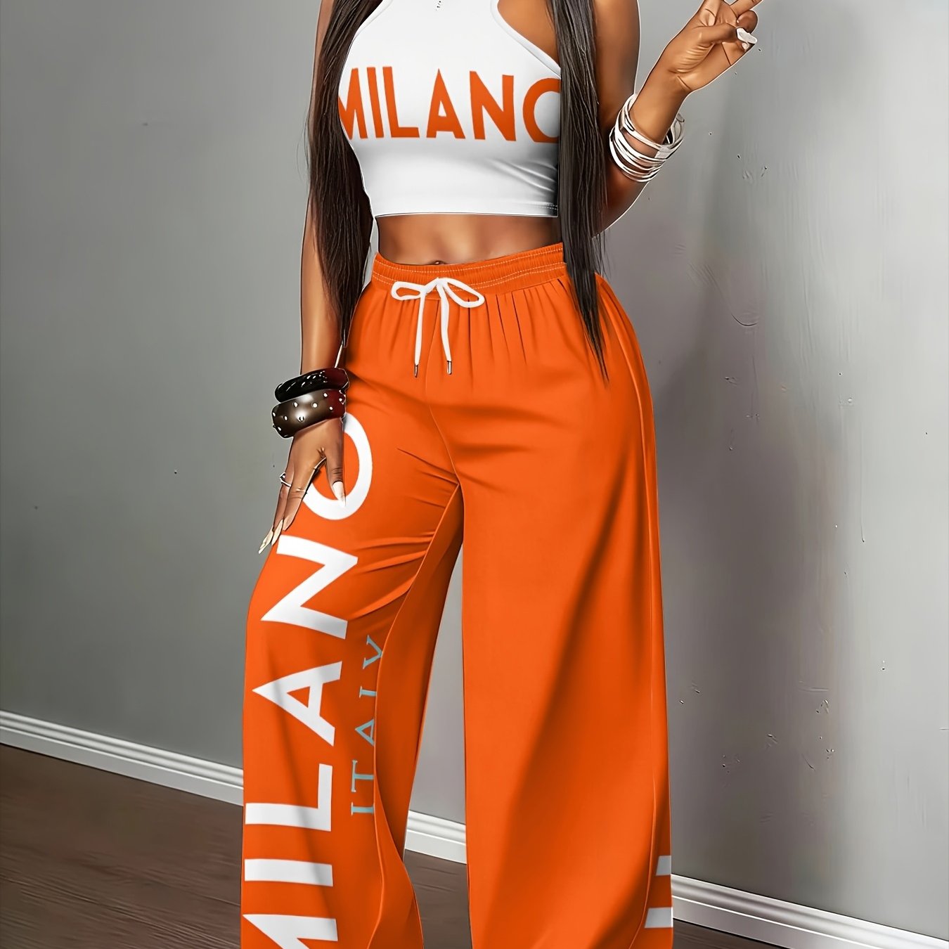 Women's Y2k Hot Letter Print Halter Top And Wide-leg Pants Set, Sweet Cool Waist-revealing Casual Two-piece Outfit