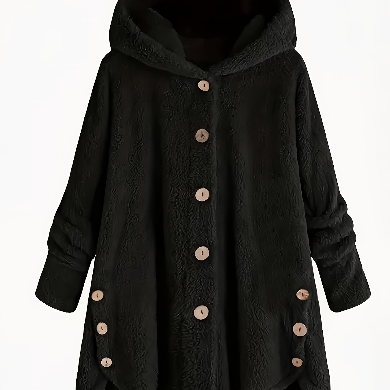 Image of Plus Size - Women's Vintage Fleece Hooded Cardigan - -up Jacket With Fluffy Lining, Solid Black, Long Sleeves, Casual Fall/winter Outerwear, Cozy Fall Wear | Vintage Cardigan | Soft Texture