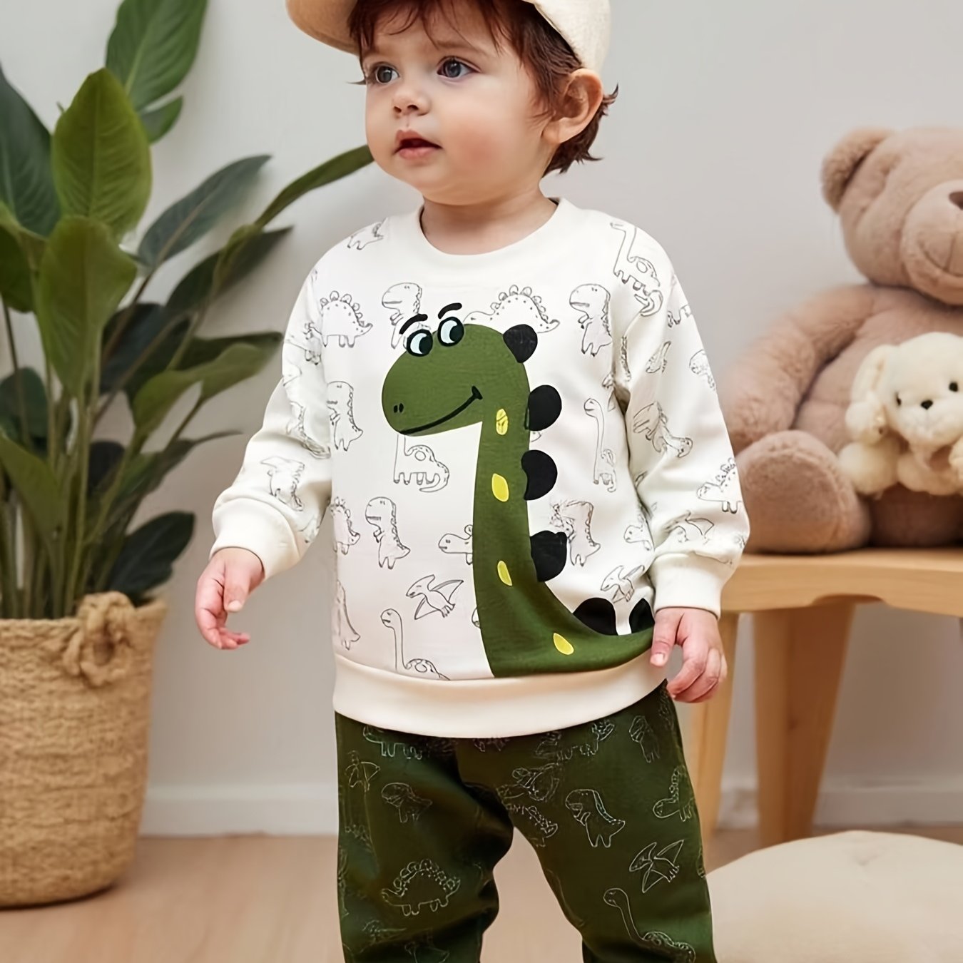 E-shop Baby Jungen Dinosaurier Print Rundhals Langarm Top und Einfarbige Grüne Hose Set, Geeignet für Outdoor Spiel, Freizeit- und Sportbekleidung,