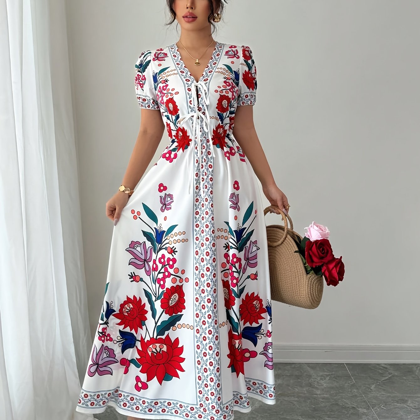 TEMU Vestido de mujer de verano, estilo, elegante, con estampado floral, cuello y abullonada acampanada, corte en A, ideal para citas y vacaciones