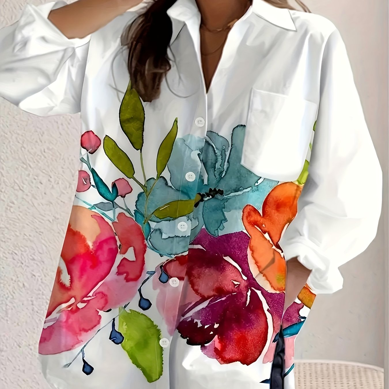 TEMU Women's Floral Print Long Sleeve Casual Shirt With Pockets, Polyester Button- Collar Shirt Suitable For All
