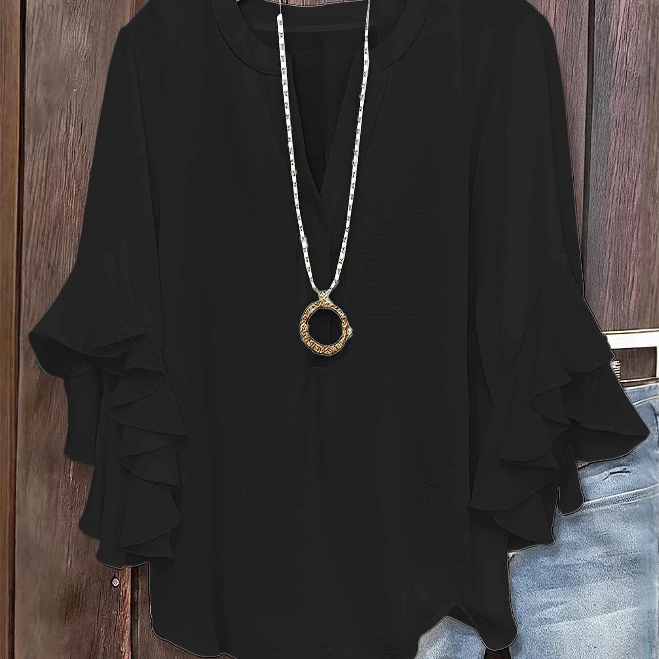 E-shop Plus Size, Damen Plus Size Elegantes V-Ausschnitt Rüschen-Top mit Dreiviertelärmeln, Weicher Leichter Stoff