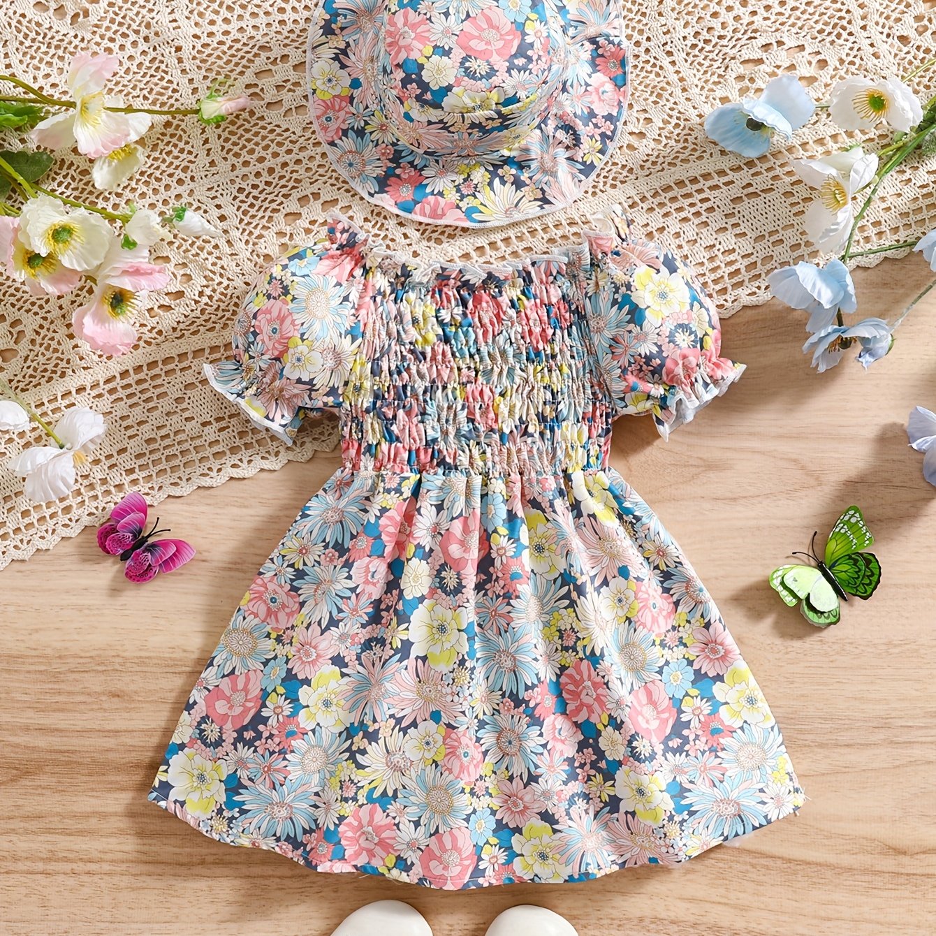 Image of 0-3 Years Old 2pcs Set Infant Bohemian Style Floral Print Smocked Puff Sleeve Casual Dress And Hat, Outdoor Party Holiday Children's Summer Outfit