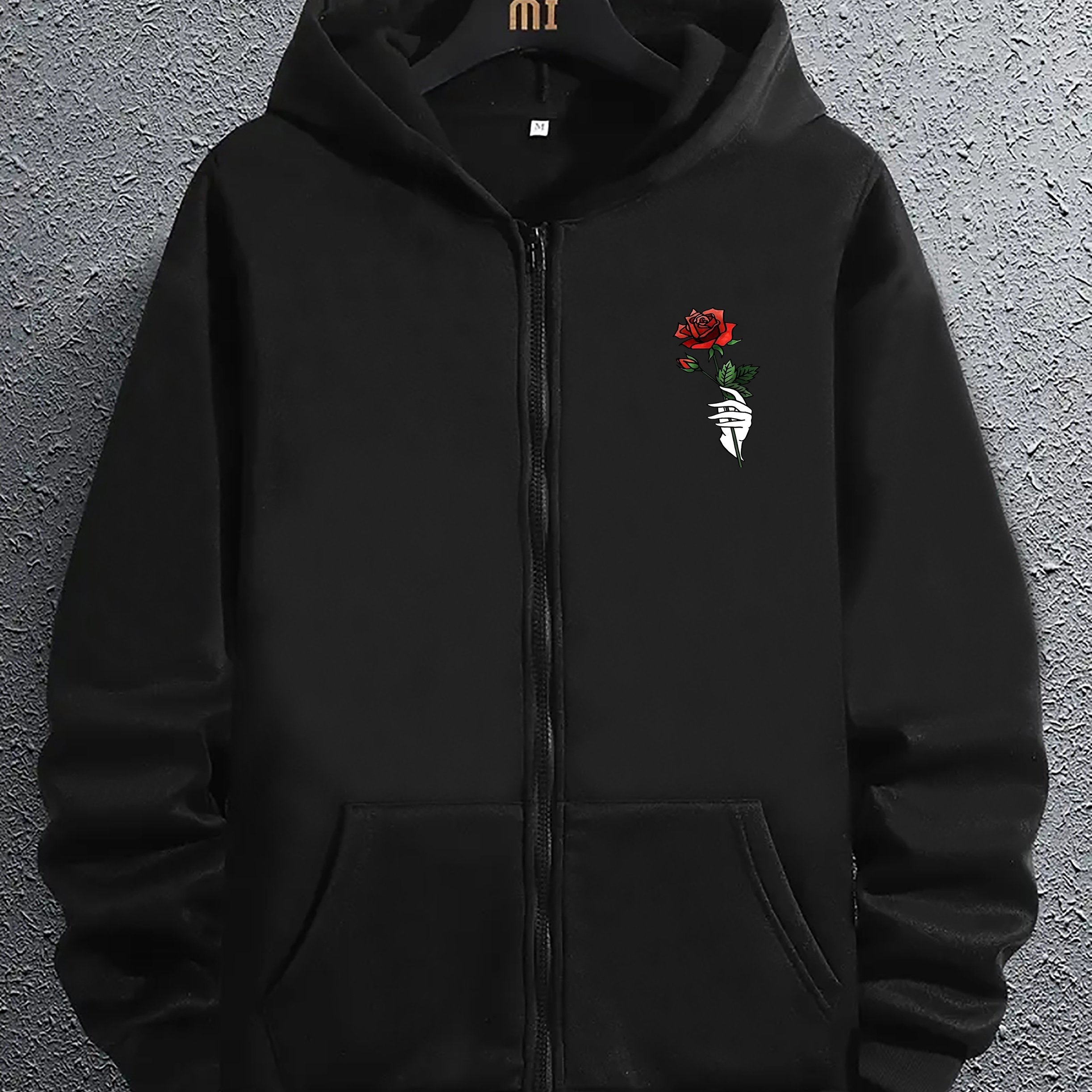 TEMU Men's Casual Zip-up Hoodie With Rose Print - Polyester, Machine Washable, Regular Fit