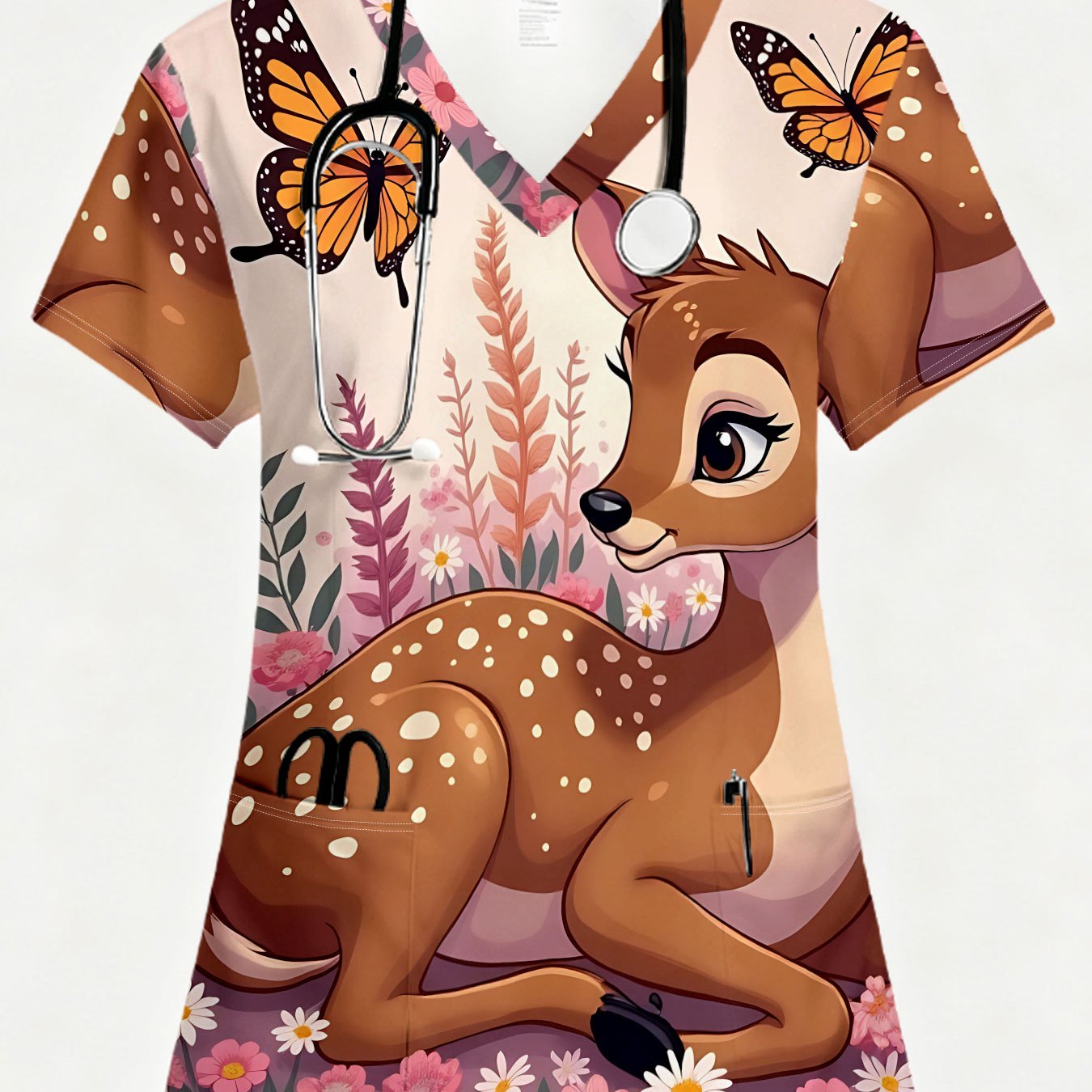 TEMU T-shirt da donna ed elegante con stampa e scollo a V, uniforme da infermiera a maniche corte, con un design a animati con e in combinazioni di