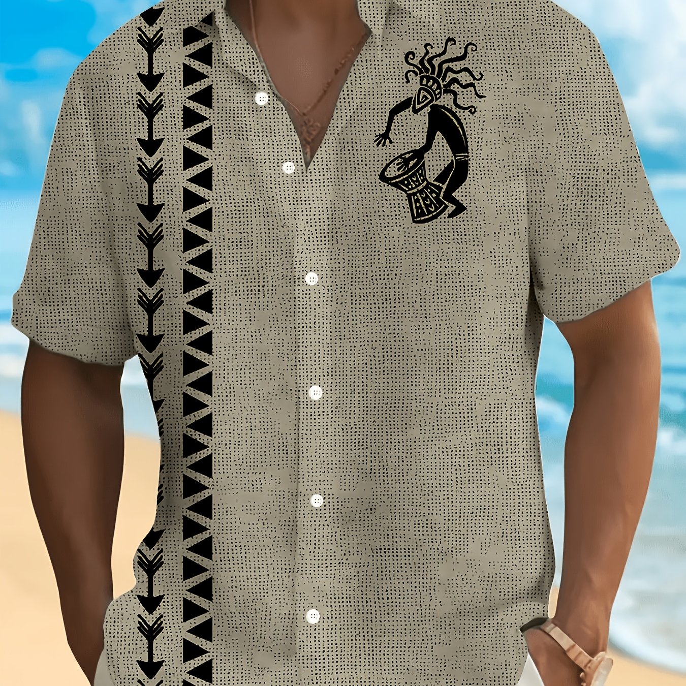 TEMU Camisa de moda para hombre con estampado 3D, beige, casual, con de de tótem tribal , superior de manga corta con cuello para reuniones casuales,