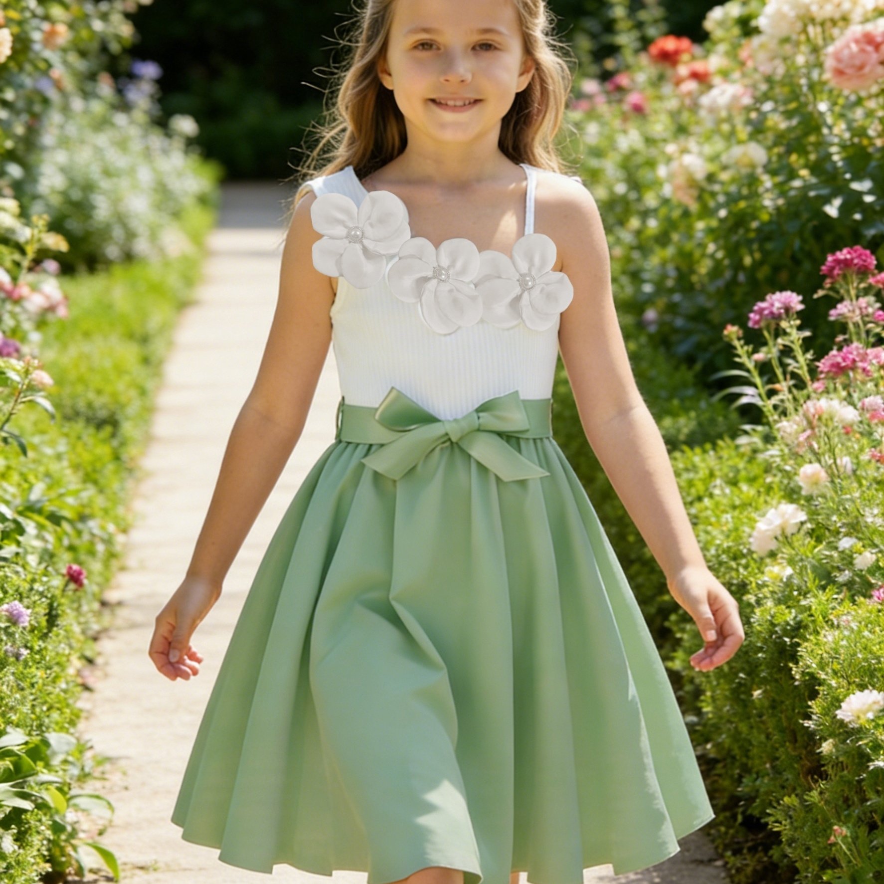 Image of Girls' Dress, Fashionable, Casual, Elegant Style, 3d Floral Spaghetti Suspender Dress, Suitable For Daily , Picnics, Parties, And Occasions. Includes A Free Belt