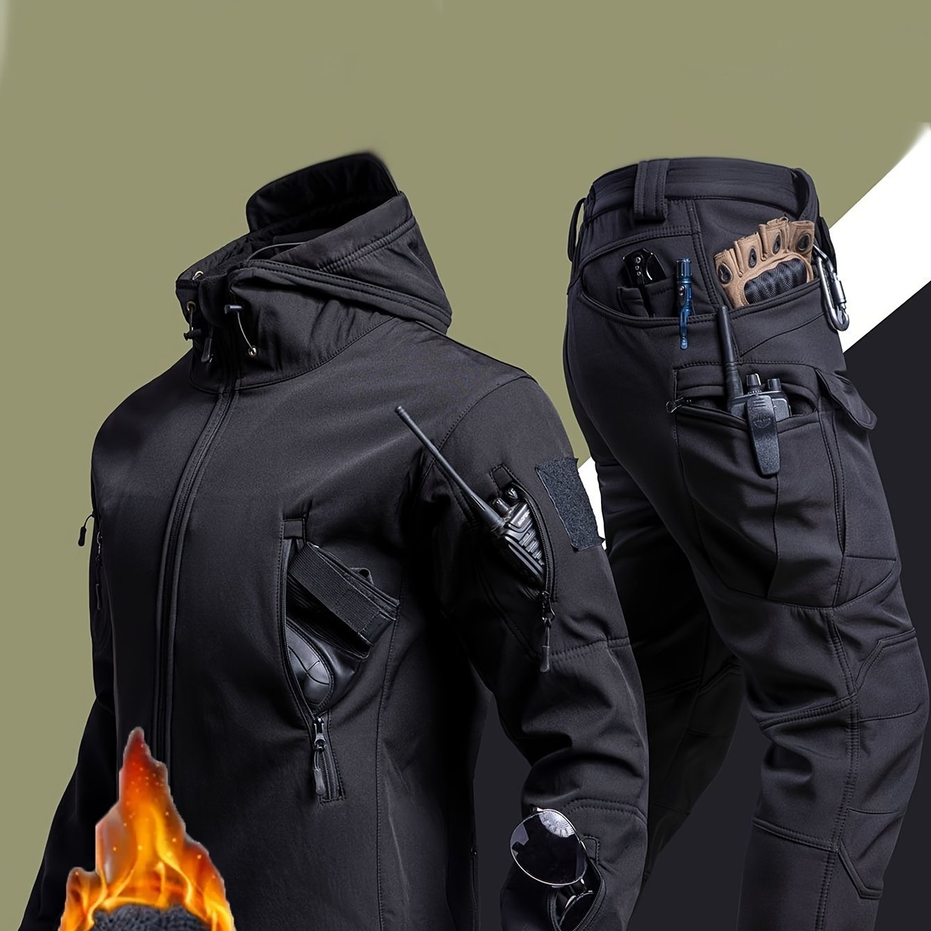 Autumn Winter Men's Fleece Warm Suit Soft Shell Windproof Hooded Jacket Outdoor Sports Hiking Hunting Long Trousers