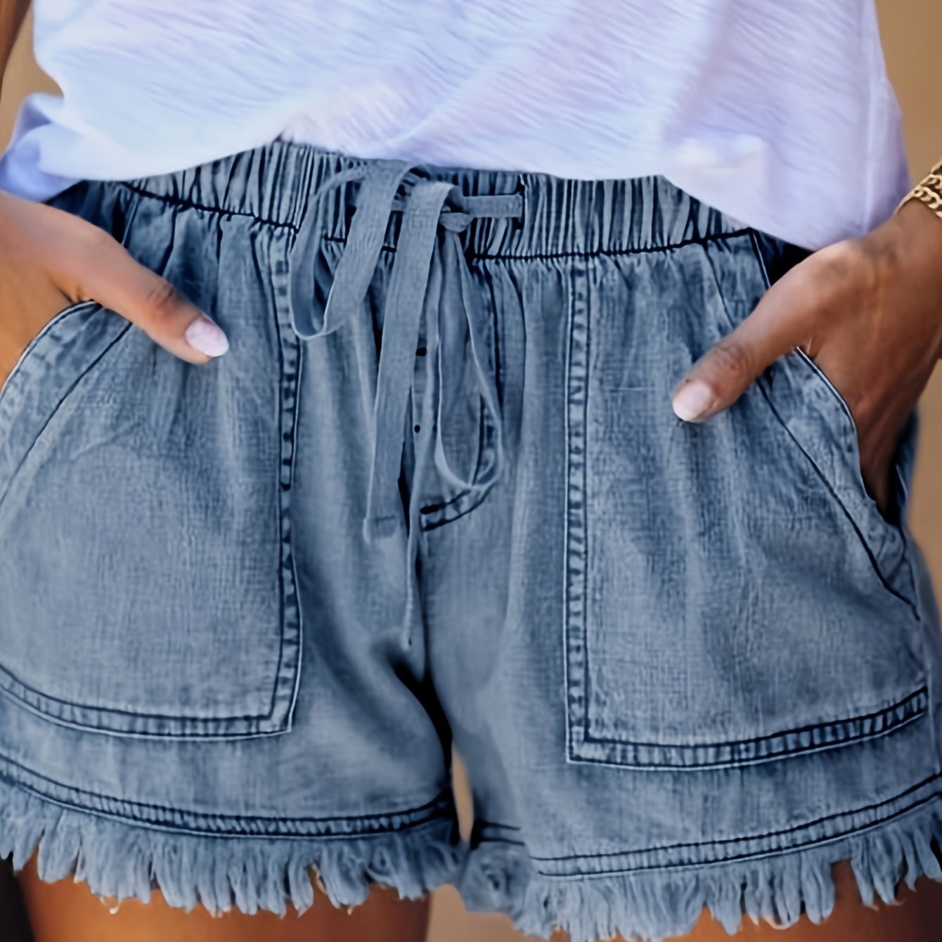 TEMU Elastic Waist Fringe Denim Shorts High Waist Casual Versatile Elegant Sexy