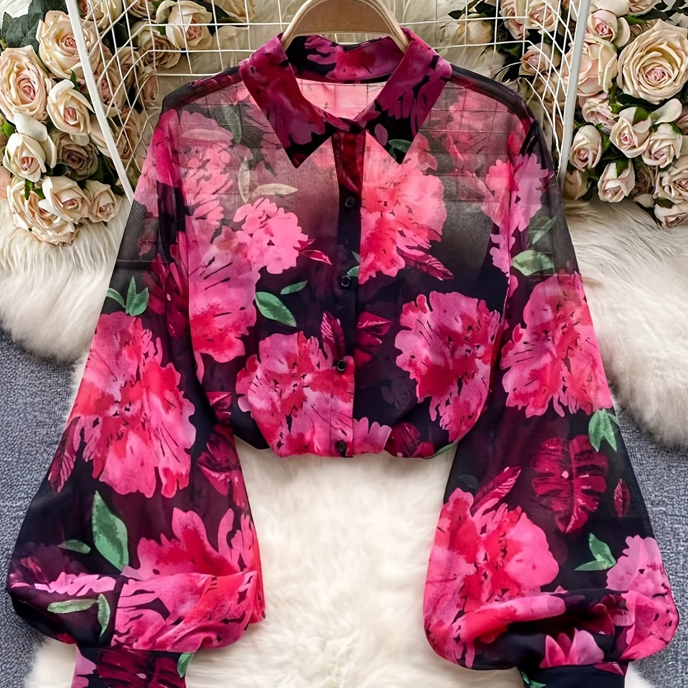 E-shop Damen Langarm-Bluse mit Frontknopf Allover-Blumenmuster – Einfaches Casual-Oberteil für lässige Outfits