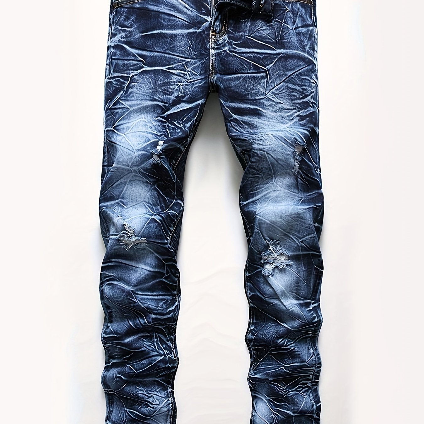 Image of Men's Jeans, Elastic, Multi- Denim, Slim Fit, Skinny Pants, Slimming Blue, Men's Clothing, Ripped Long Pants, Personalized Random Stripes, Suitable For