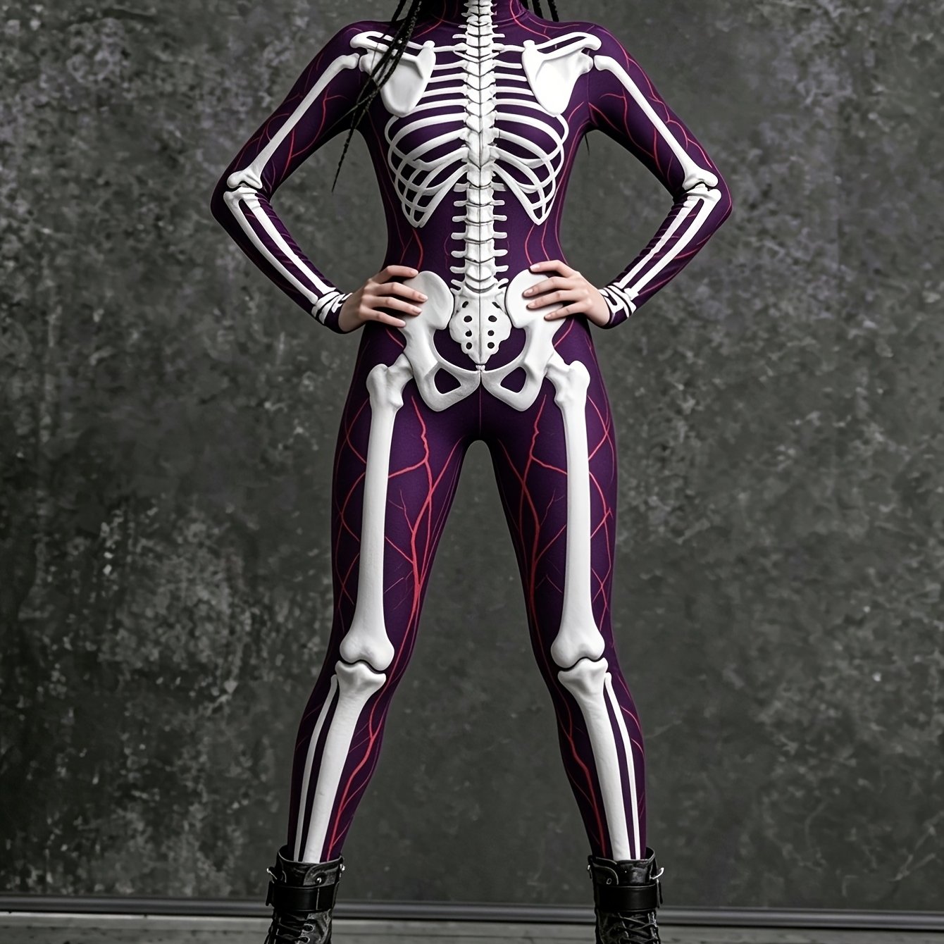 TEMU Skeleton Bone Print Women Dark Longsleeve Jumpsuit, Ideal For Nightclub, Festivals, Halloween, Carnival. Sexy Eyecatching Costume.