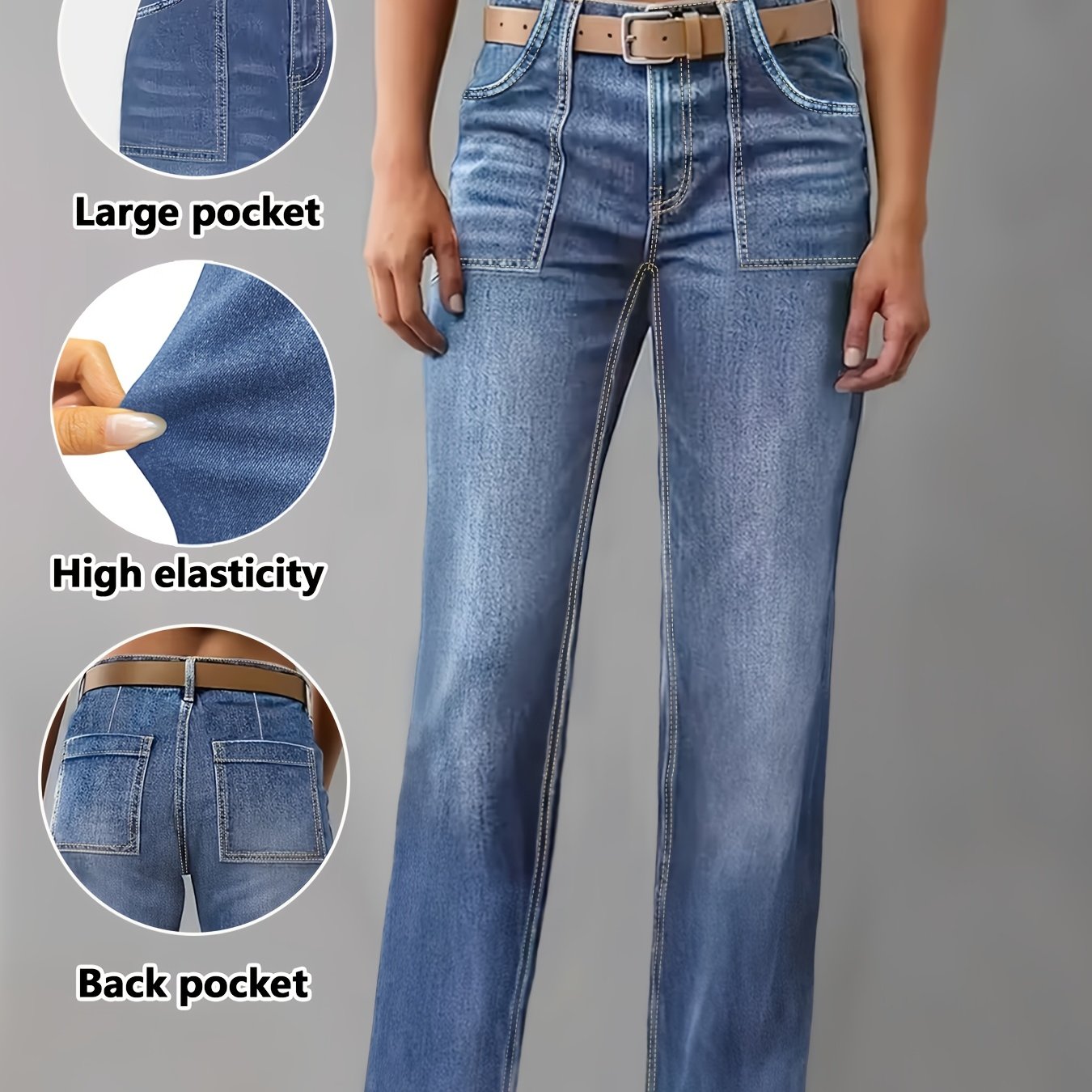 Women's Washed Denim Jeans, Large Pocket Fashionable Elegant Wear
