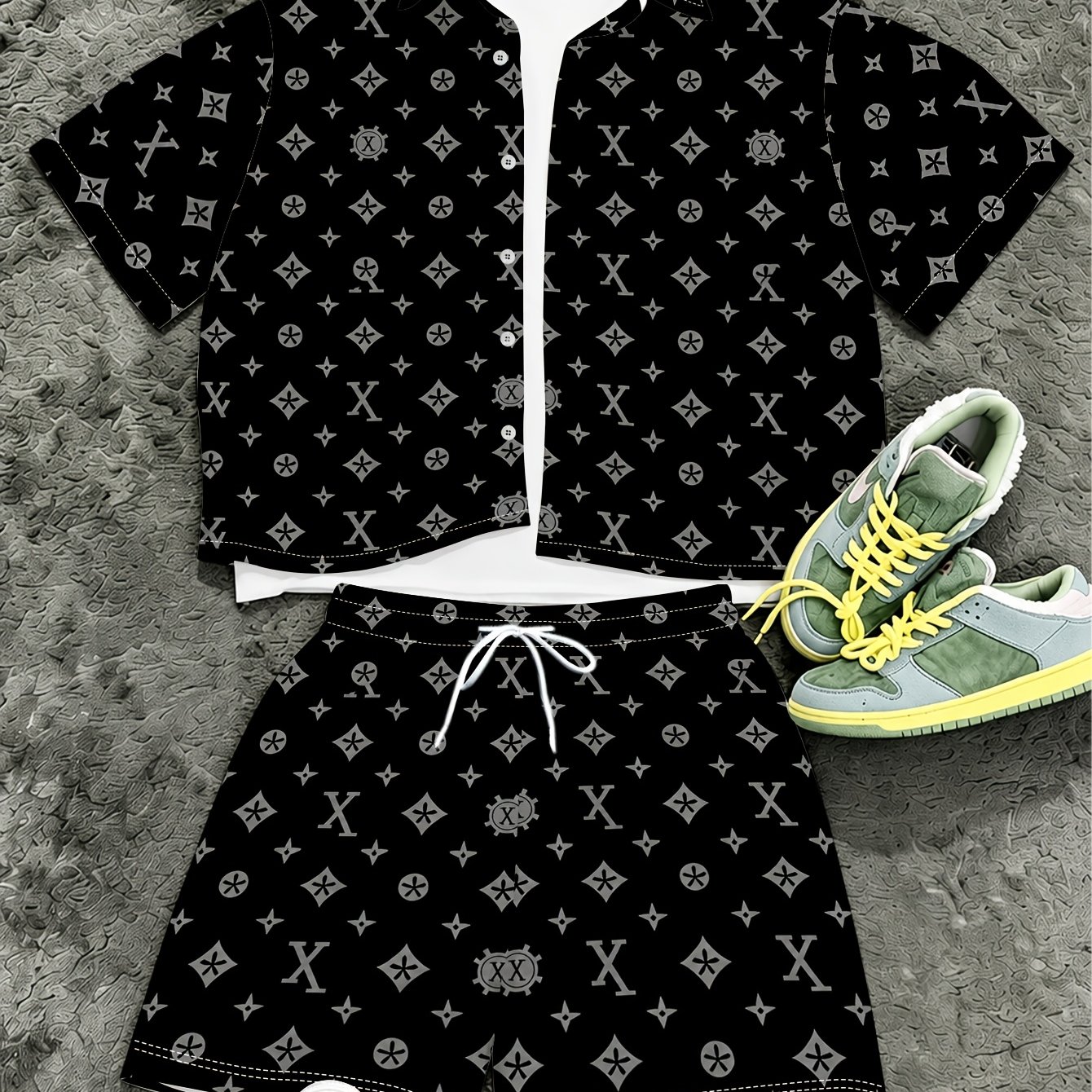 TEMU Men's Short-sleeve Shirt And Shorts Fashion Set, Summer Trendy Lapel Cardigan, Beach Vacation Casual Sporty Youth Style Cool 2pcs Set