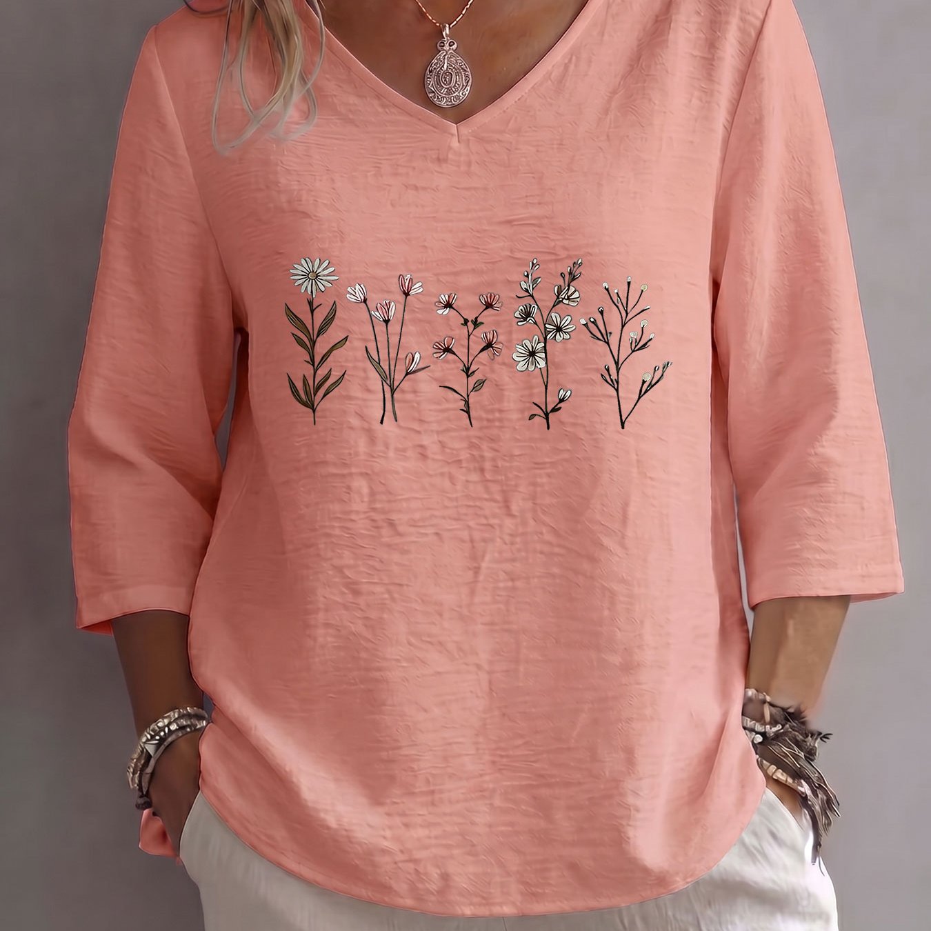 TEMU Women's Casual Elegant Top, Vintage Style, Plant Floral Natural , Daily Wear, 3/4 Sleeve, V-neck, Summer Fashion Top