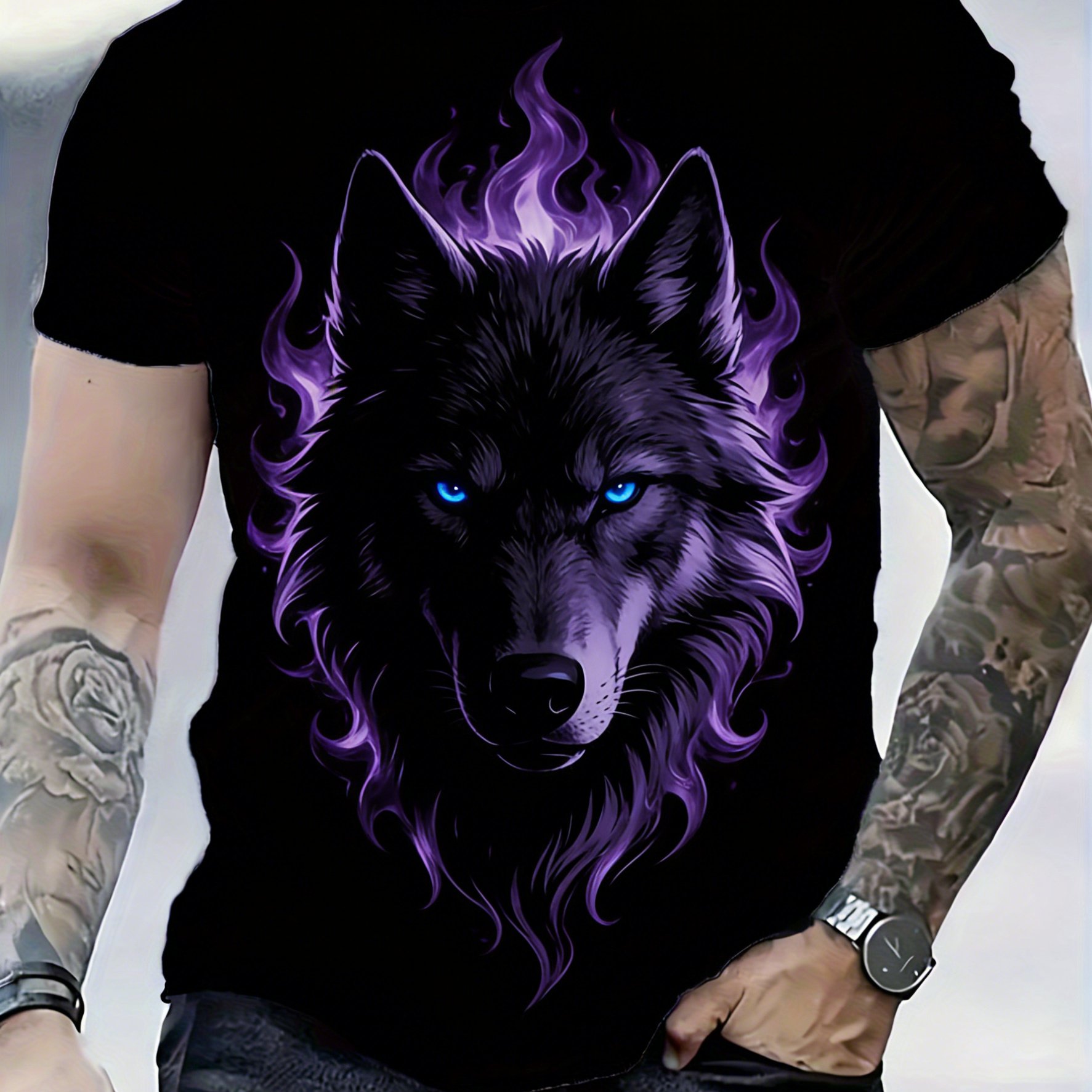 TEMU [printed Design - Not Textured] Men's Plus Size Short Sleeve, Spirit Wolf Print Short Sleeve T-shirt, Men's Trendy Cool Domineering Top, Plus