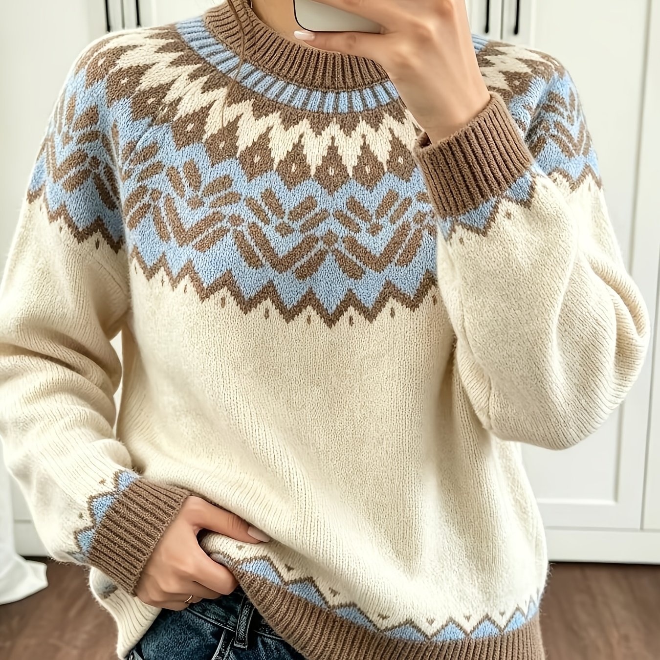 TEMU Grande Taille - Nouveauté Automne & Hiver, Pull Femme Grande Taille Décontracté Manches Longues Fair Isle Vintage Jacquard, Pull Ethnique