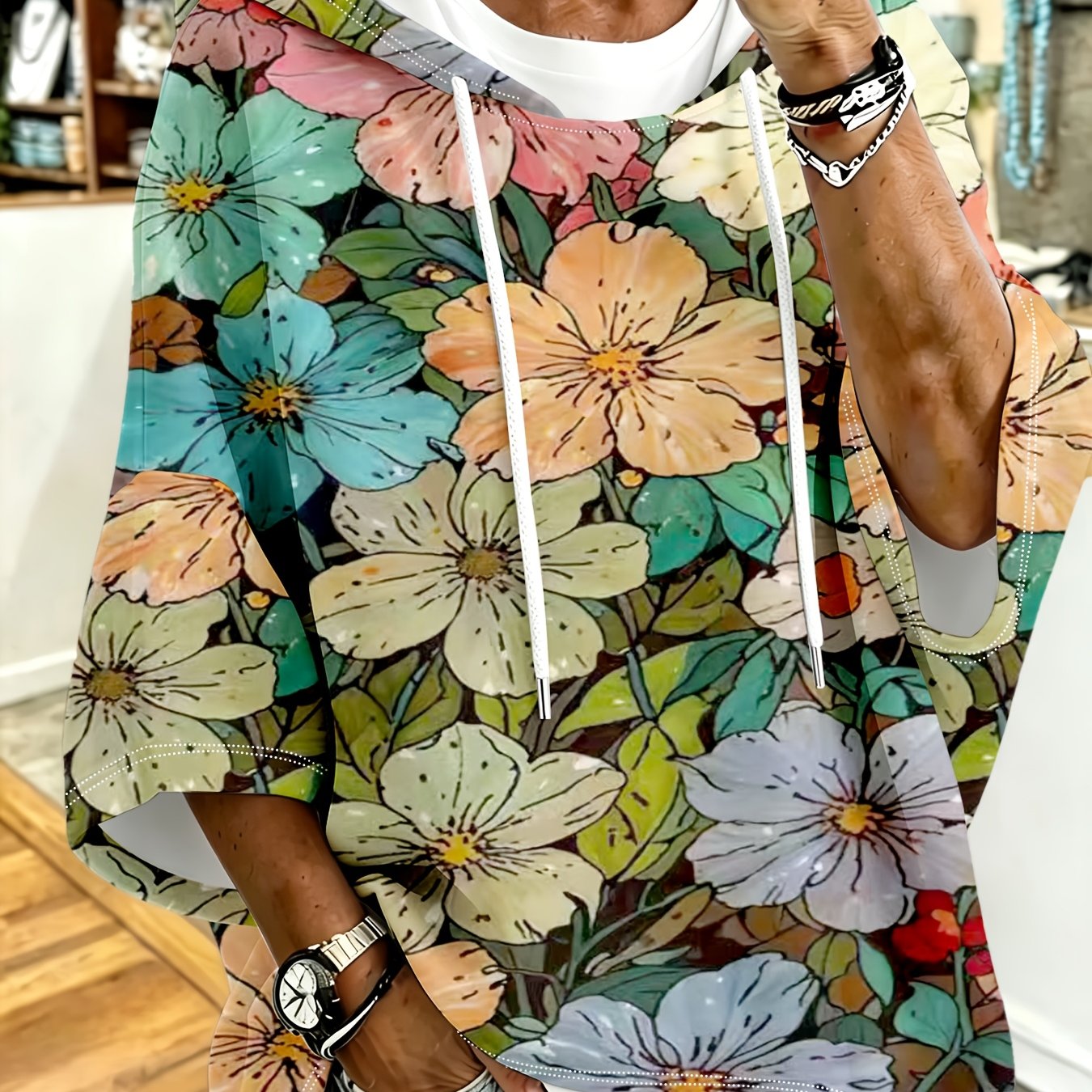 TEMU Plus Size, Plus Size - Women's Plus Size Drawstring Hooded Top, High-end Elegant Style, Exquisite Design, Machine Washable, Floral Print Fabric,