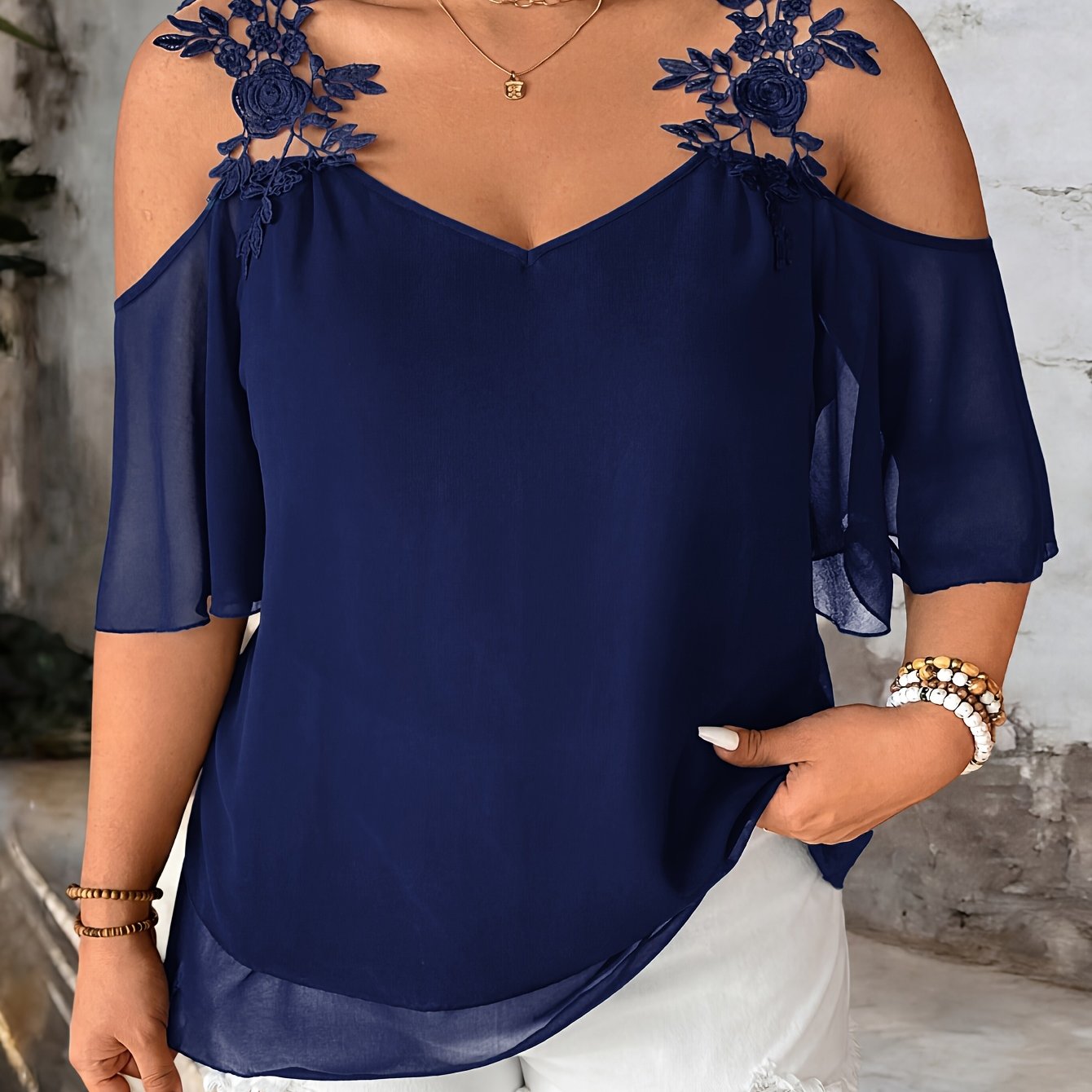TEMU Plus Size, A V- Shoulder Strap Ruffle Fashion Casual Plus-size Women's Shirt