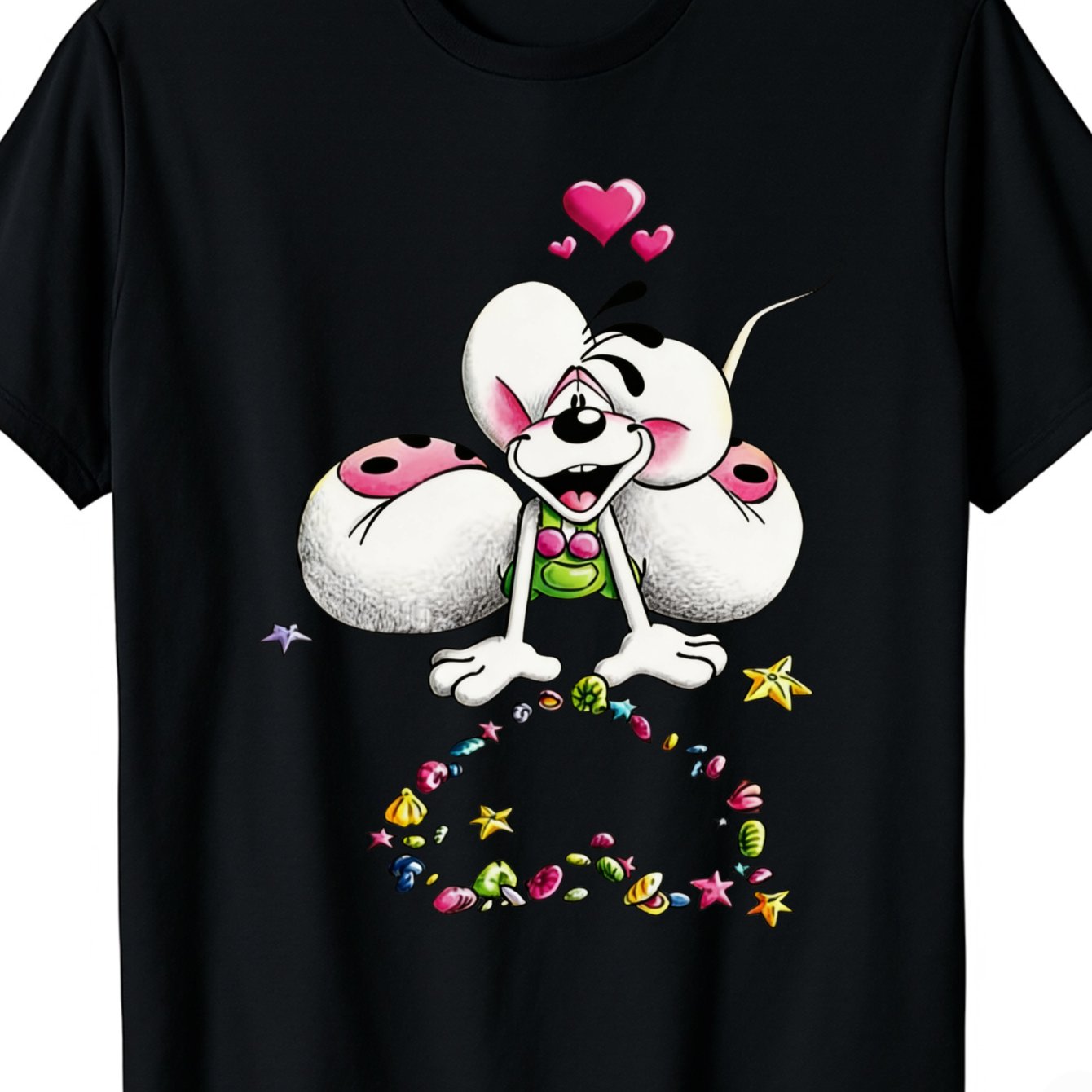 Image of Cute Cartoon Mouse With Hearts And Stars Graphic Neutral T-shirt Casual Short Sleeve Fit Daily Wear Tee Gift, Plus Size