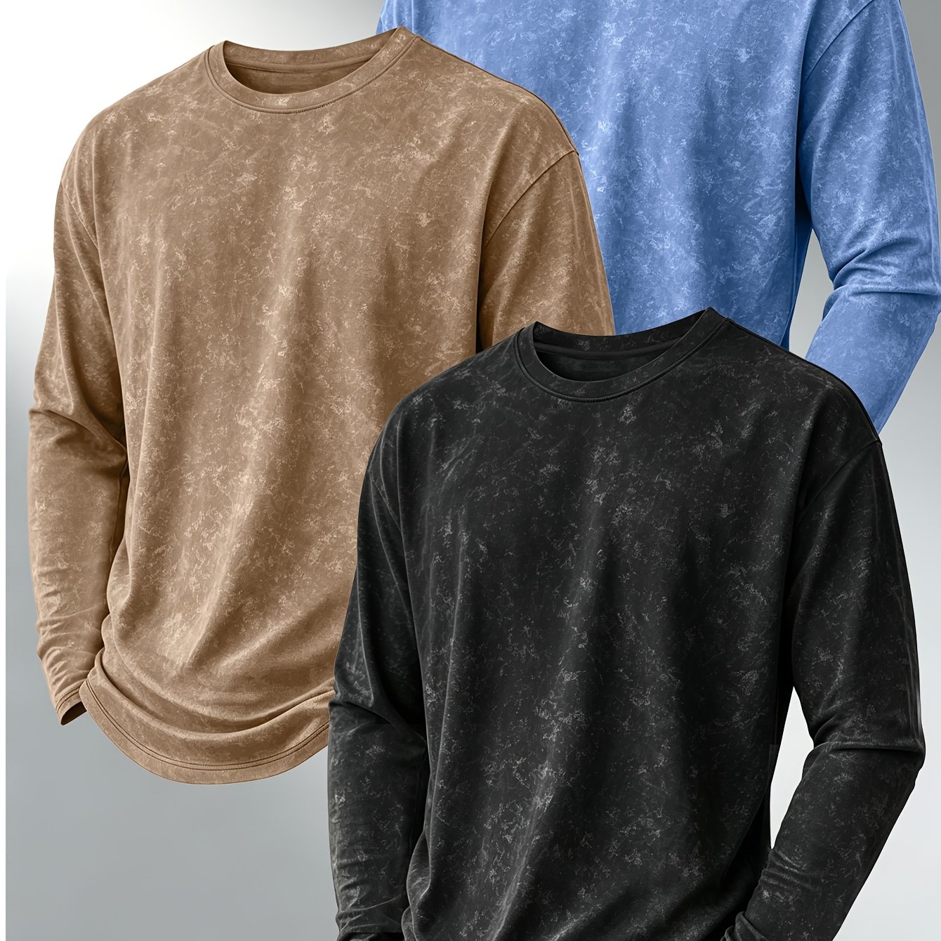TEMU OBM T-shirt trois pièces à manches longues style vintage américain effet usé, haut de base polyvalent à col ras du cou pour homme, sous-vêtement