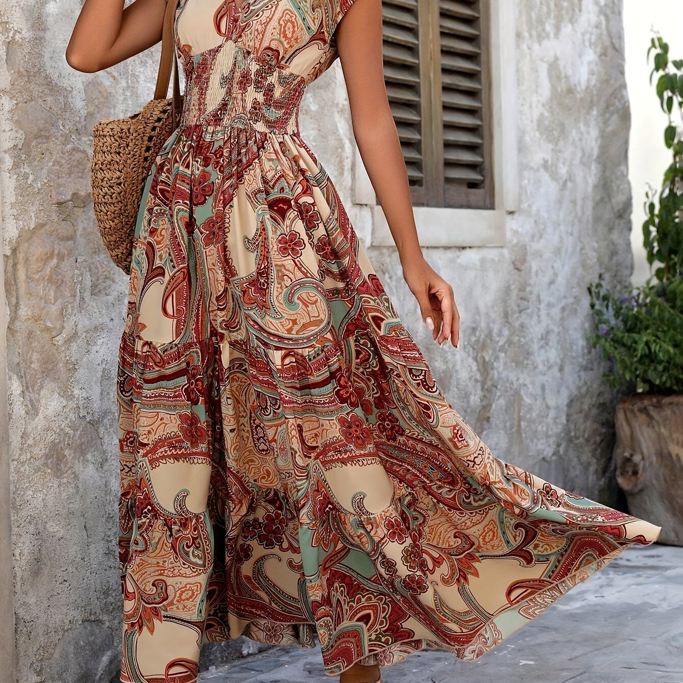 Dp022037 Spring Summer Targeted Development Vacation Casual New European Trendy Women's Printed V-neck Short Sleeve Dress