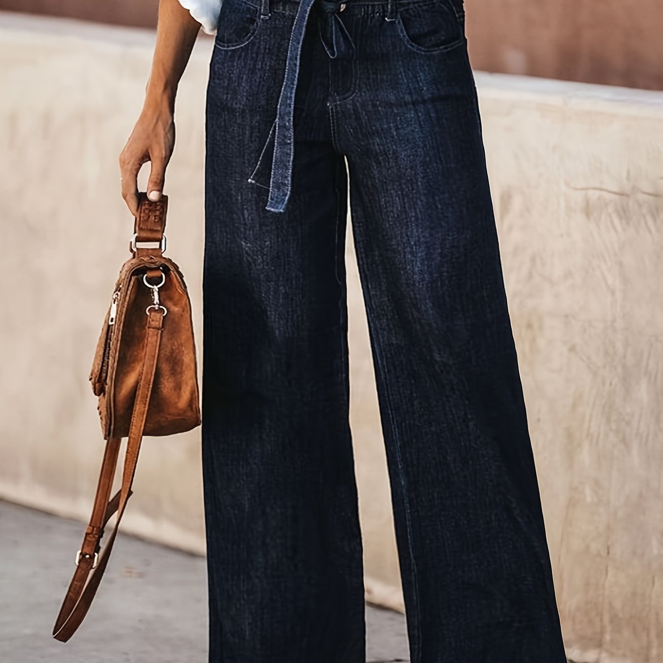 Image of Women's 2026 High-waist Loose Wide-leg Jeans, Blue Washed Denim Trousers With Pockets, Pants, Elegant Women's Clothing, Casual Trousers Suitable For Work, Travel, And Office Wear