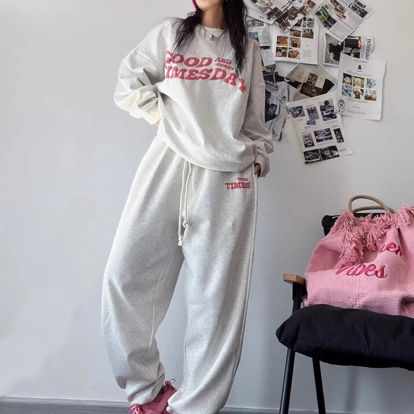 TEMU レイジート レディーススタイル、長袖スウェットシャツ＋ワイドレッグロングパンツの2点セット、ゆったりとしたスリミングカジュアルスポーツスーツ、高級感あふれるデイリーコ用トレンディなアイテム