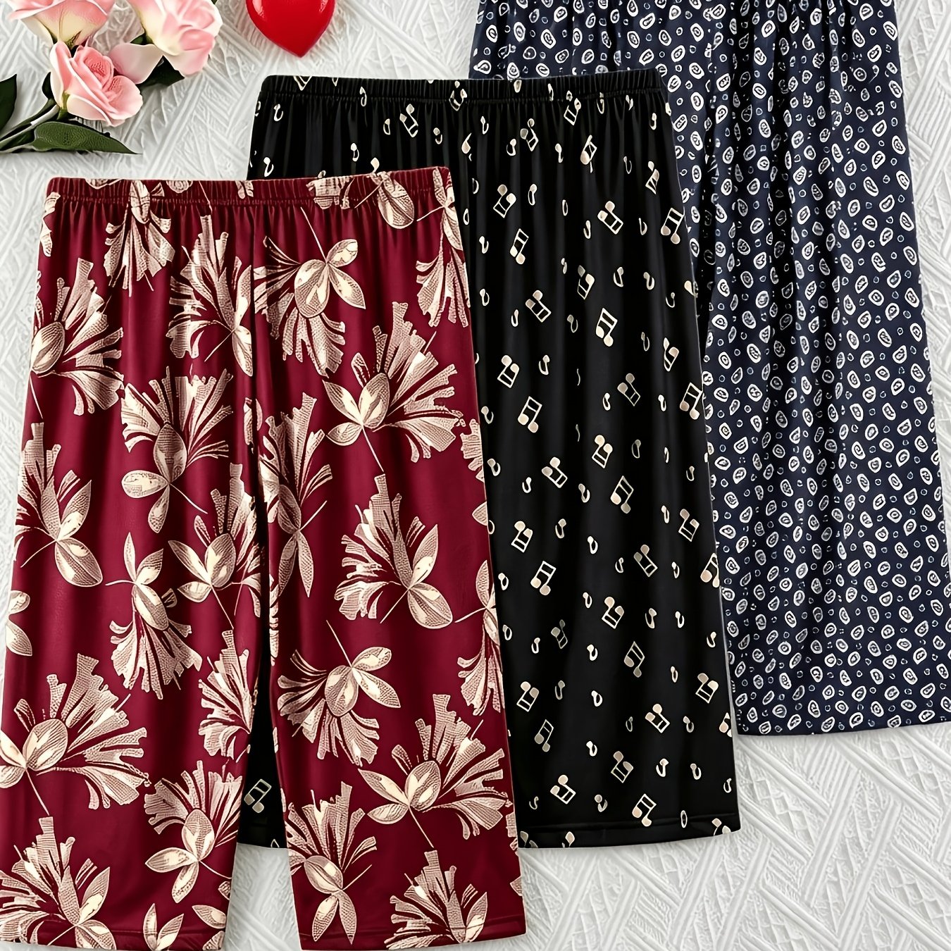 TEMU Plus Size 3pcs Random Floral Loose Capri Pants