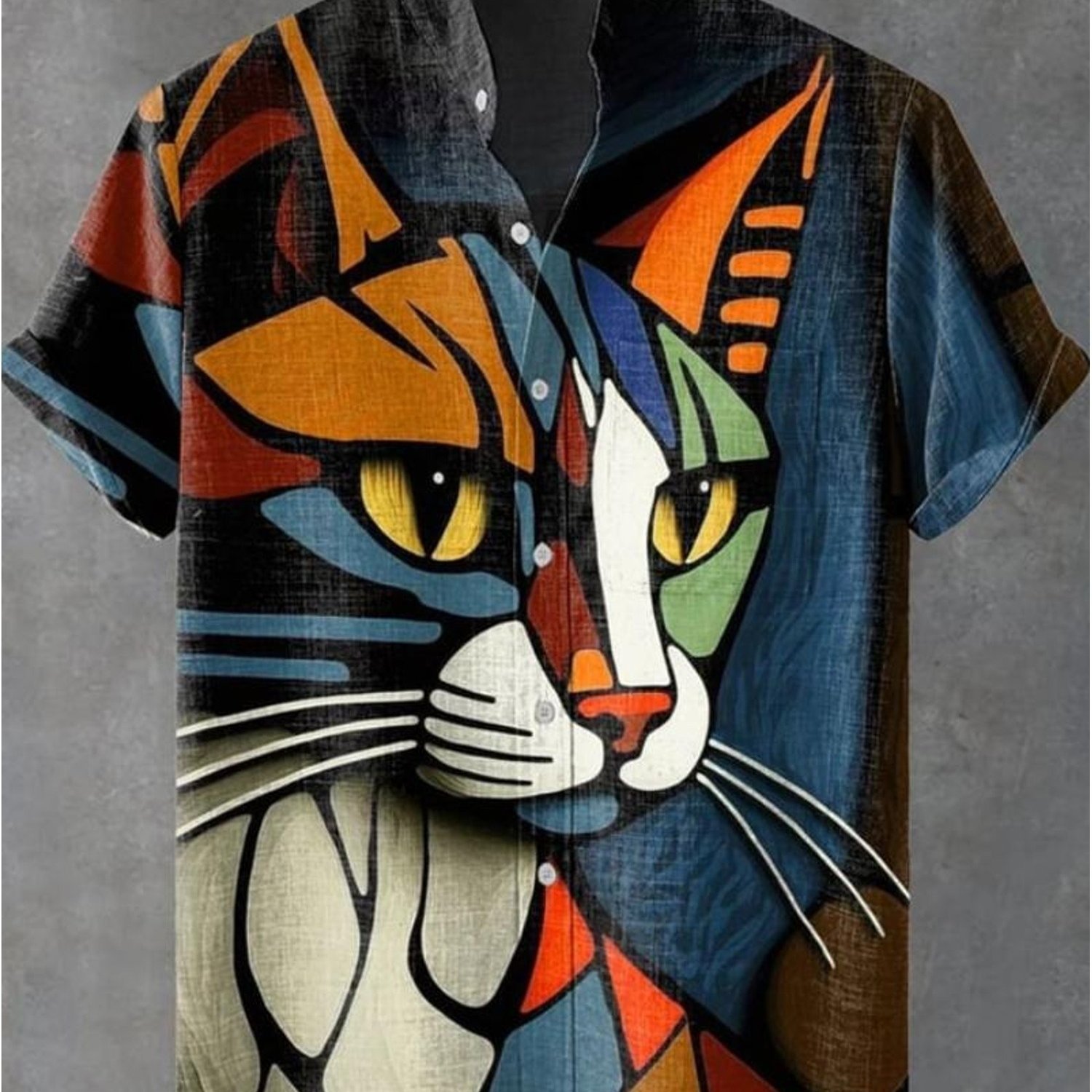 Image of Men's Fashion Button- Shirt, Abstract Cat Printed Short Sleeve, Polyester Fabric, Stand Collar With Pocket, Multiple Sizes , Mixed Color, Artistic Casual Wear For Men, On