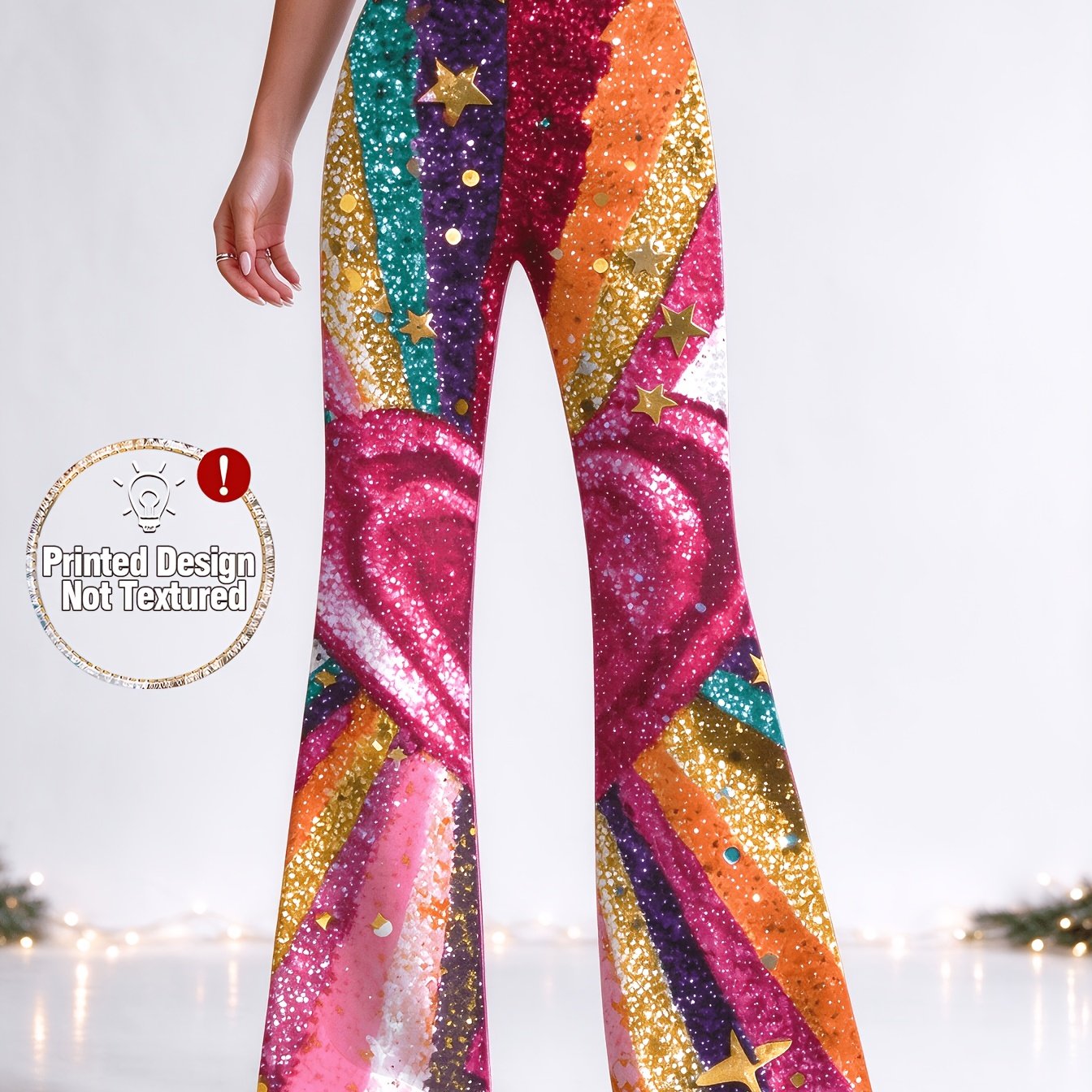 TEMU [Printed Design - Niet Gestructureerd] Dames High-Waist Flare Broek, Hartprint, Elastische Tailleband, Wijde Pijpen, Stretchy En Comfortabele