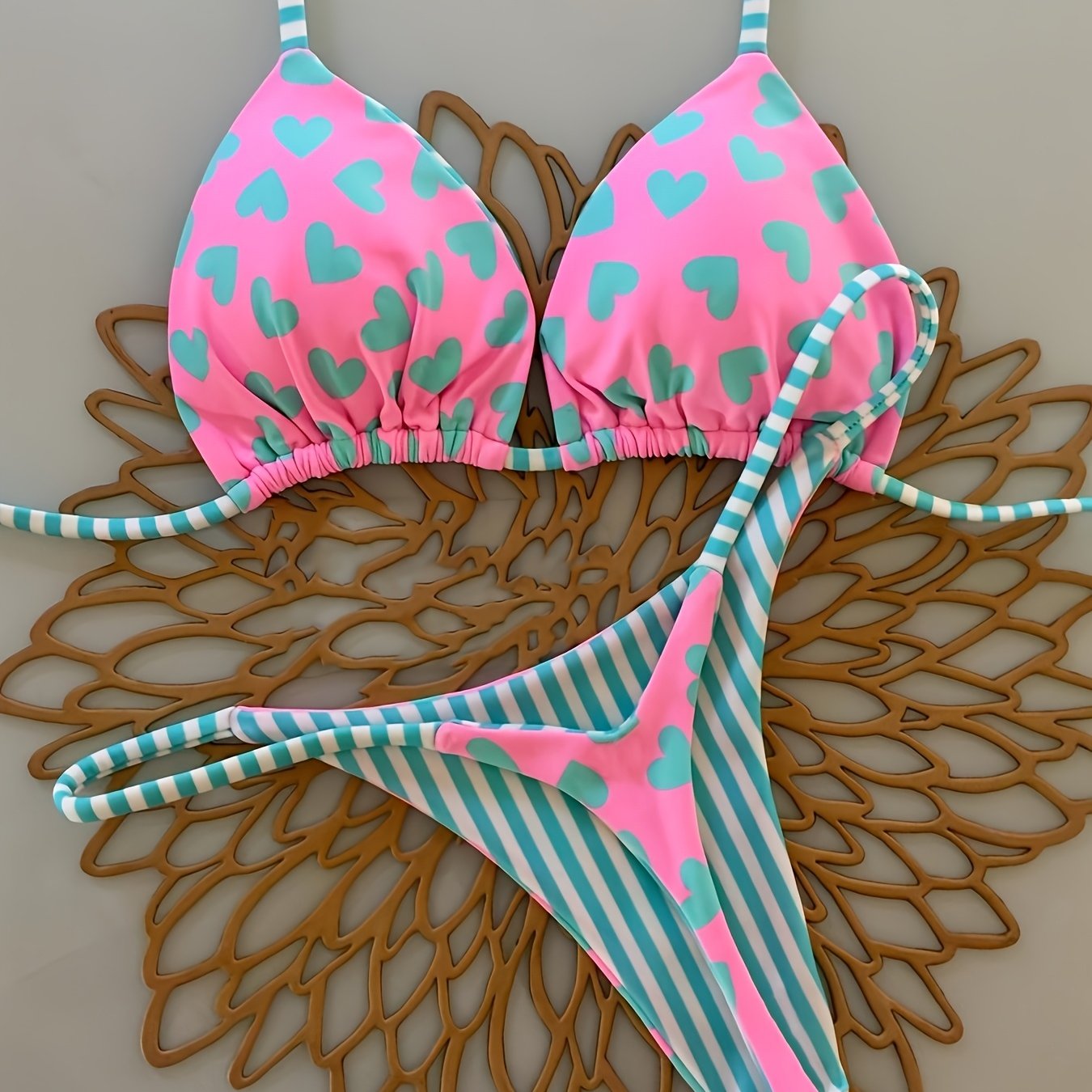 TEMU Pink Love Heart Color Block Bikini Halter Neck Tie-back Triangle Cup Swimsuit Style Swimwear Set