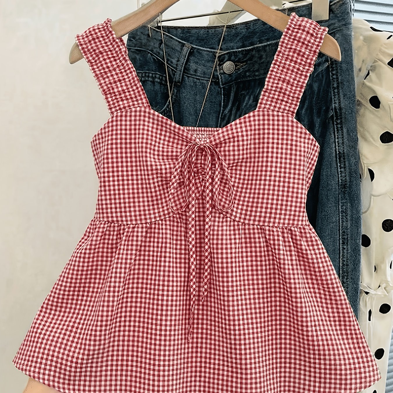 TEMU Camiseta tipo camisola a cuadros para mujer, con plisado con volantes al , chaleco de ajuste entallado con de volantes estilo Y2K, adecuado para