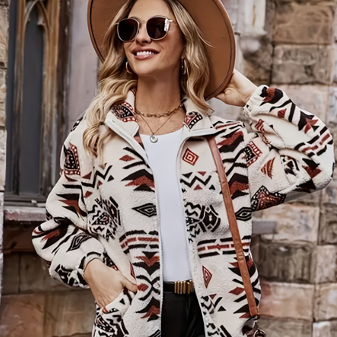 Pattern Zipper Jacket, Elegant Long-sleeve Warm Autumn/winter Outerwear, Women's Clothing
