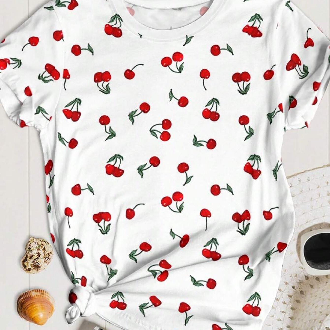 TEMU Plus Size - Plus Size - Plus Size Women's Cherry Print Graphic Tees, Casual Summer Women
