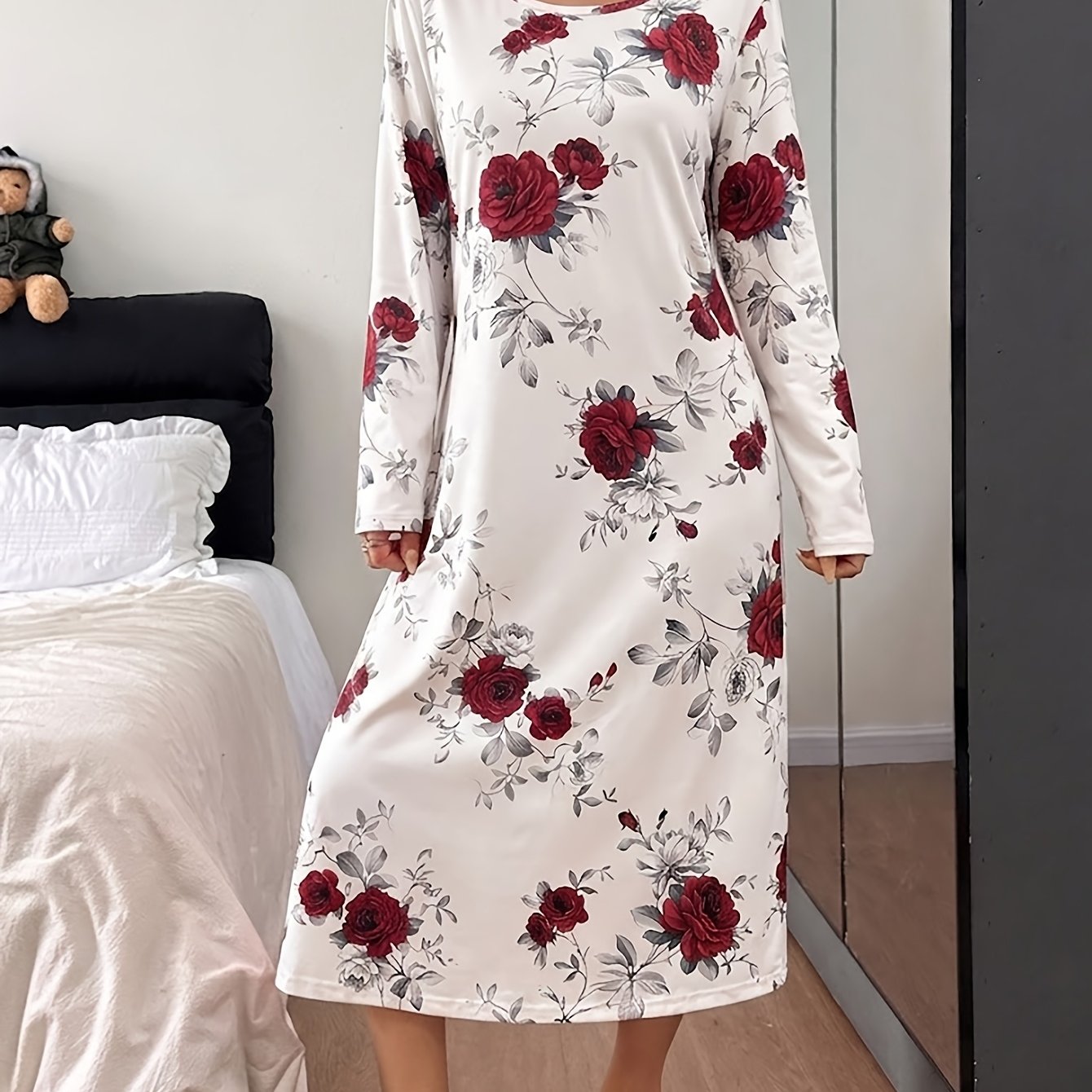 TEMU Herfst Winter Warme Dames Nachthemd, Elegante INS Ronde Hals Losse Lange Mouw Jurk met Ditsy Bloemenprint, Zachte Valentijnsdag Nieuwjaarscadeau