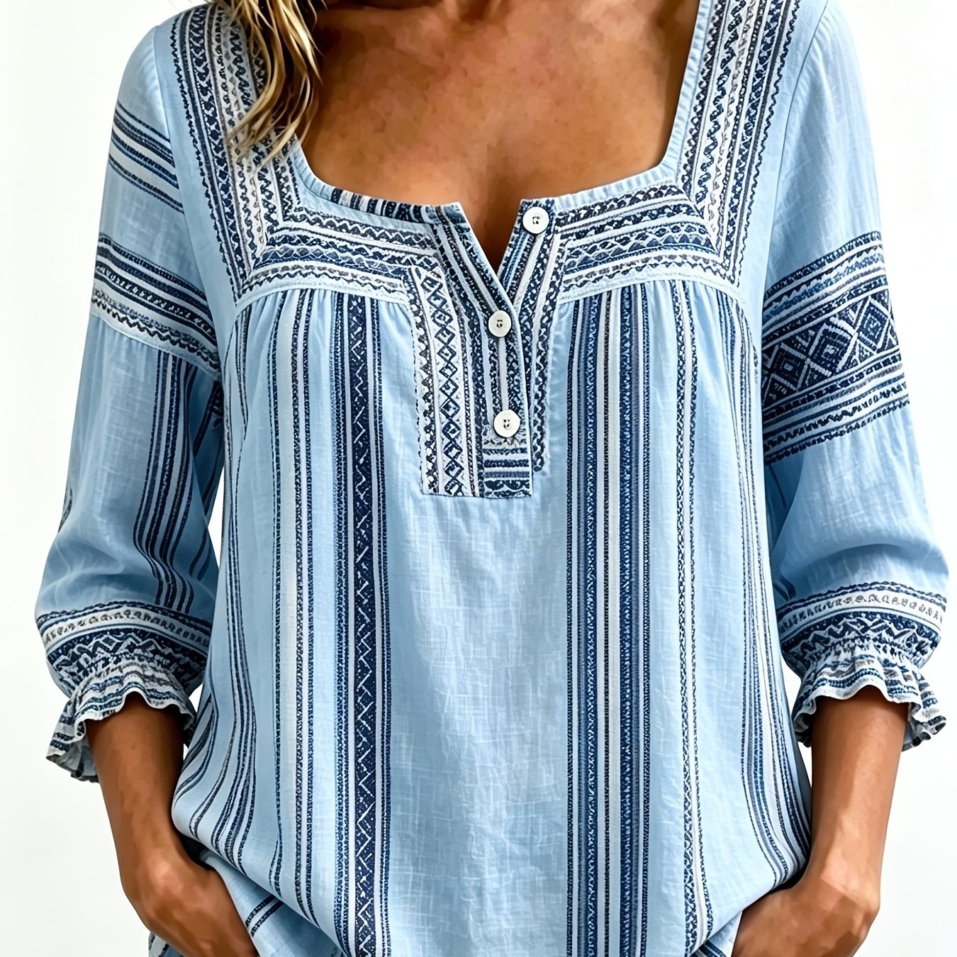 2d Flat Printing Large Women' Button Square Neck Shirt With Ethnic Style Printed Women's Casual Top, 2d Flat