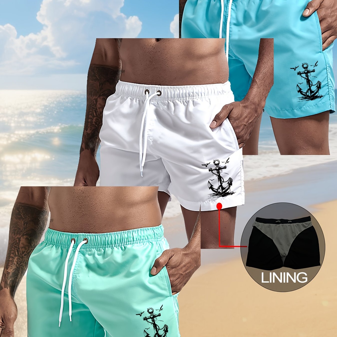 TEMU 3pcs Men's Beach Shorts, Summer Sports Shorts With Drawstring, Lightweight Summer Surfing Gear, Lined With Pockets, Suitable For Casual Wear And