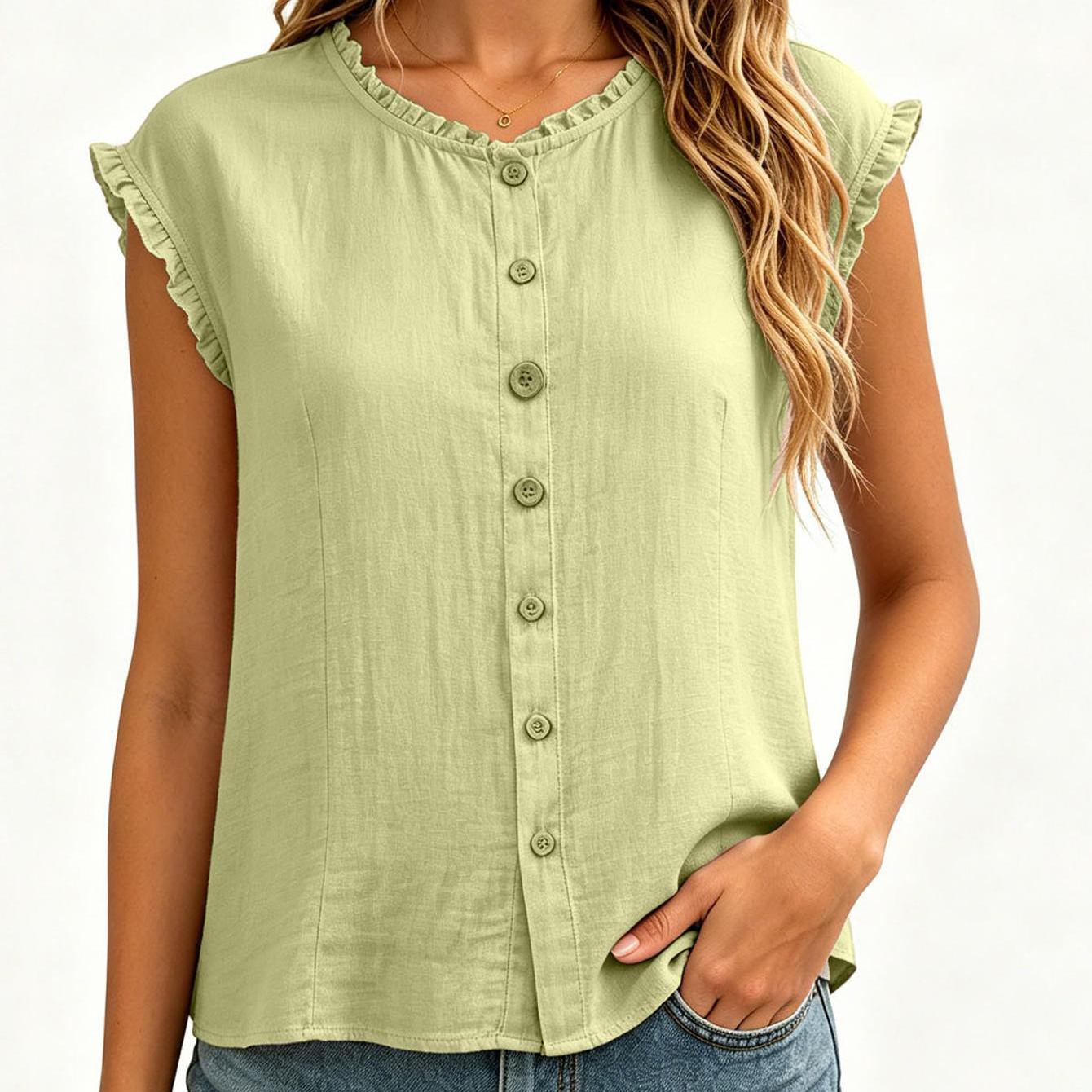 Image of Women's Sleeveless Button- Blouse Tank Top - Lightweight Loose Fit Roll Tab Sleeves Shirt, Solid Color Button Collar Blouse Suitable For Work & Daily Wear, Spring Summer Fall Wardrobe Essential